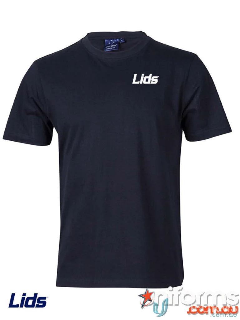 Navy blue LIDS adult tee in combed cotton, perfect for uniforms or workwear