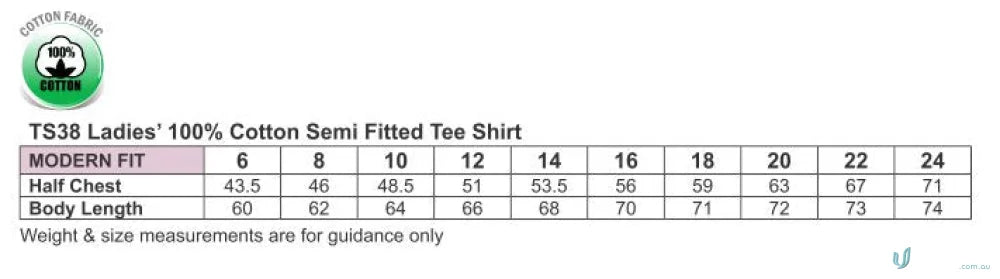 Ladies T-shirt size chart with combed cotton for uniforms and workwear fits