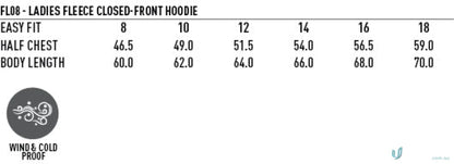 Ladies fleece hoodie size chart for LIDS PRINT Navy hoodie, perfect for workwear or uniforms
