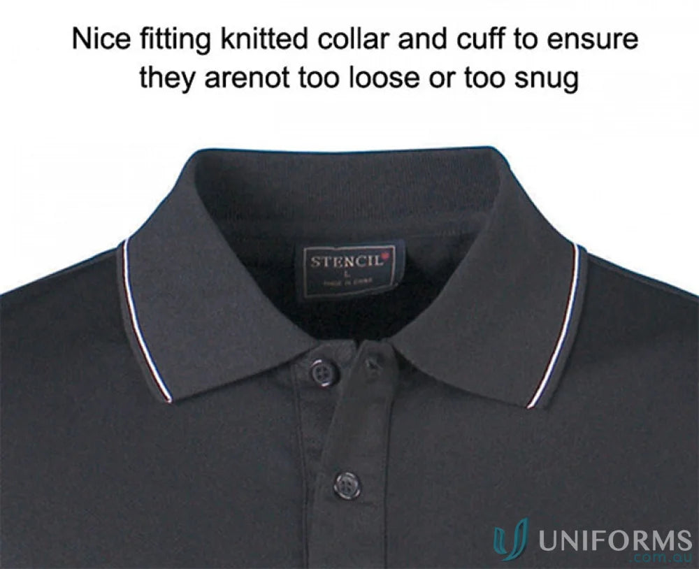 Black polo shirt with white trim from Light Weight Cool Dry® uniforms series