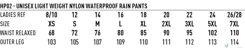Sizing chart for Lightweight Nylon Waterproof Rain Pants, perfect waterproof rain pants offer comfort