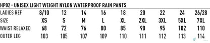 Sizing chart for Lightweight Nylon Waterproof Rain Pants, perfect waterproof rain pants offer comfort