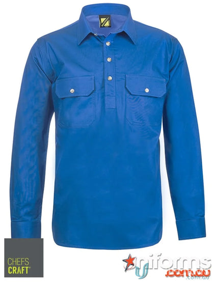 Lightweight royal blue cotton drill work shirt with half placket and chest pockets