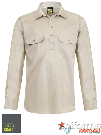 Lightweight cotton drill men’s half placket work shirt in light tan with chest pockets