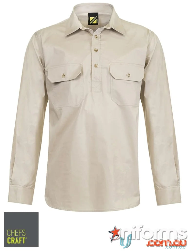 Lightweight cotton drill men’s half placket work shirt in light tan with chest pockets