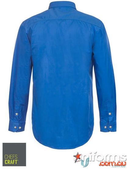 Royal blue cotton drill half placket long-sleeve shirt with white buttons