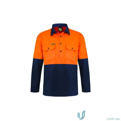 Orange and navy lightweight hivis half placket cotton drill shirt with chest pockets