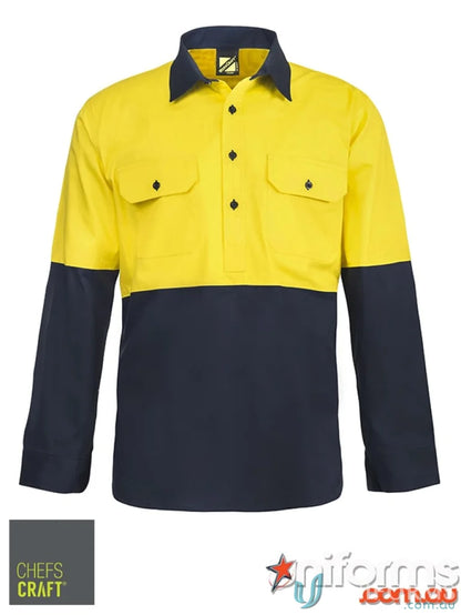 Lightweight HiVis Half Placket Cotton Drill Shirt with yellow and navy long sleeves