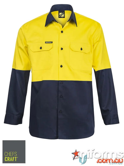 Lightweight HiVis LS Vented Cotton Drill Shirt with yellow top and dark blue bottom