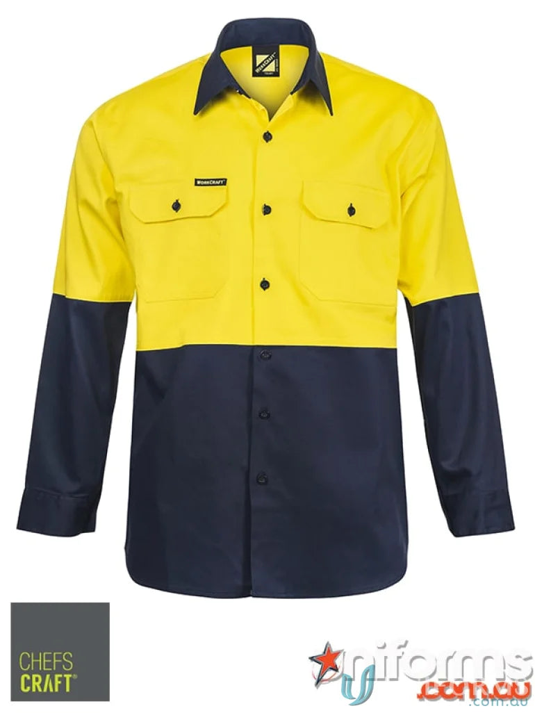 Lightweight HiVis LS Vented Cotton Drill Shirt with yellow top and dark blue bottom