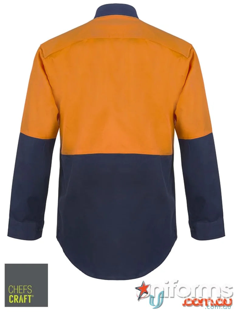 Orange and dark blue vented cotton drill shirt with rounded hem for work comfort