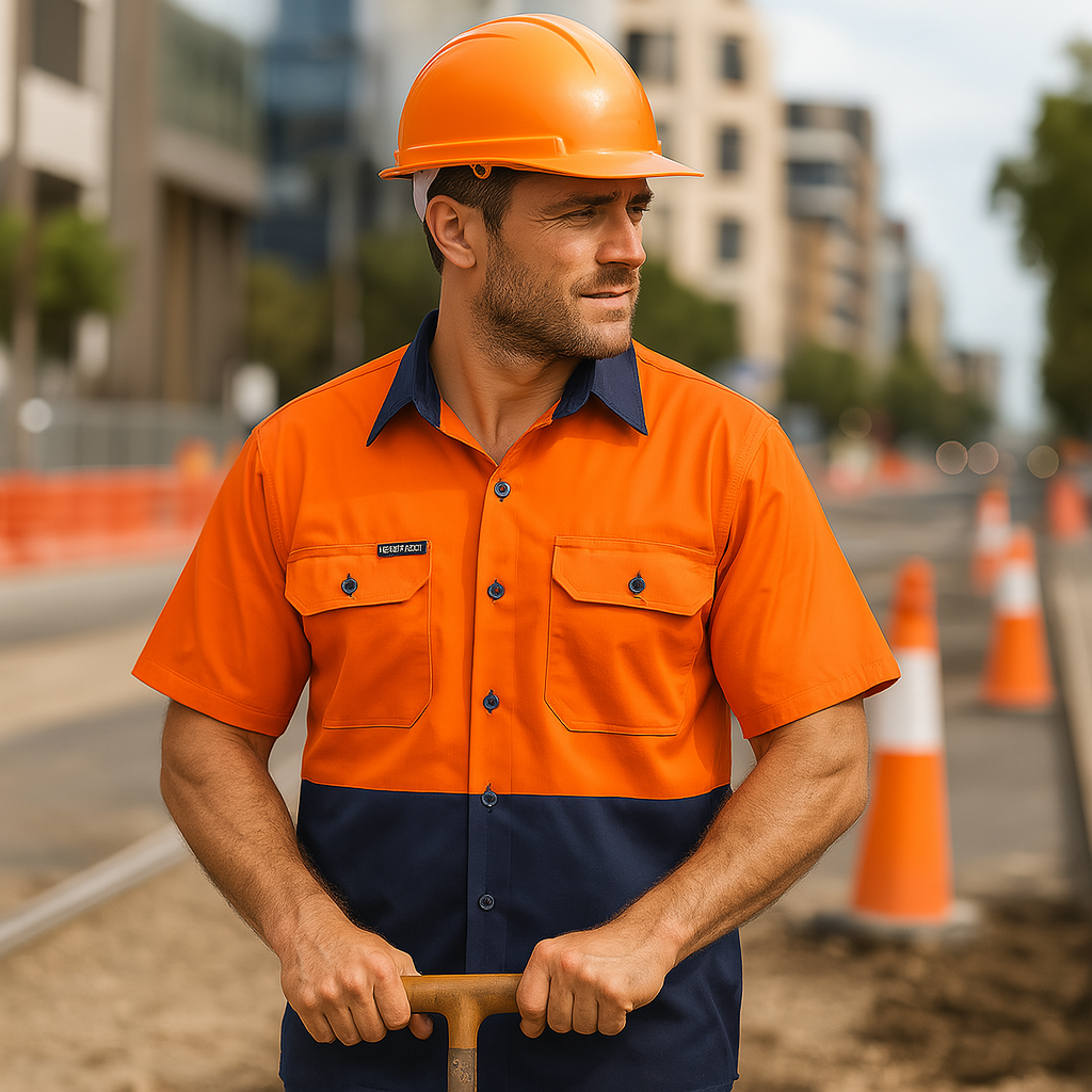 Lightweight HiVis S/S Vented Cotton Drill Shirt - Fluoro Orange/Navy / A(XS) - WORKWEAR