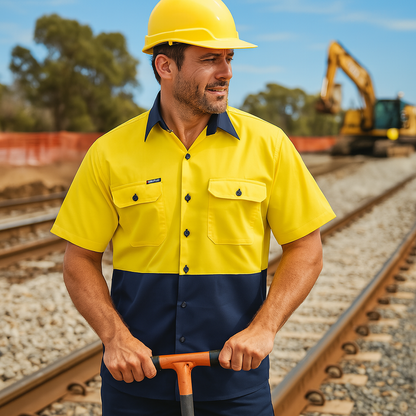 Lightweight HiVis S/S Vented Cotton Drill Shirt - Fluoro Yellow/Navy / A(XS) - WORKWEAR
