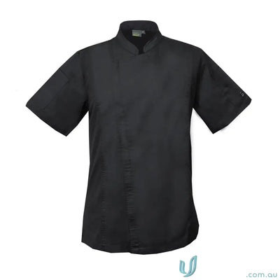 Black short-sleeved zip closure chef jacket with slim fit design and stand-up collar