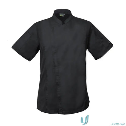 Black short-sleeved zip closure chef jacket with slim fit design and stand-up collar