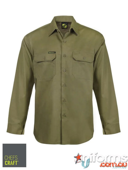 Lightweight Vented Cotton Drill LS Shirt in olive green with front pockets