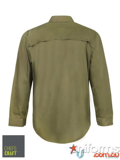 Olive-green lightweight vented cotton drill LS shirt with vented back for breathability