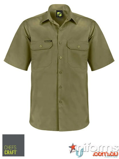 Vented cotton drill short-sleeve work shirt in muted olive green with front pockets