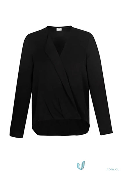 Black long-sleeved wrap blouse from Lily Ladies Hi-Lo Blouse collection for women