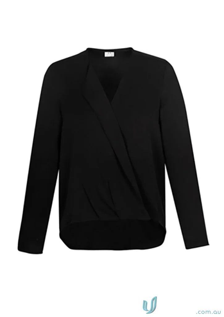 Black long-sleeved wrap blouse from Lily Ladies Hi-Lo Blouse collection for women