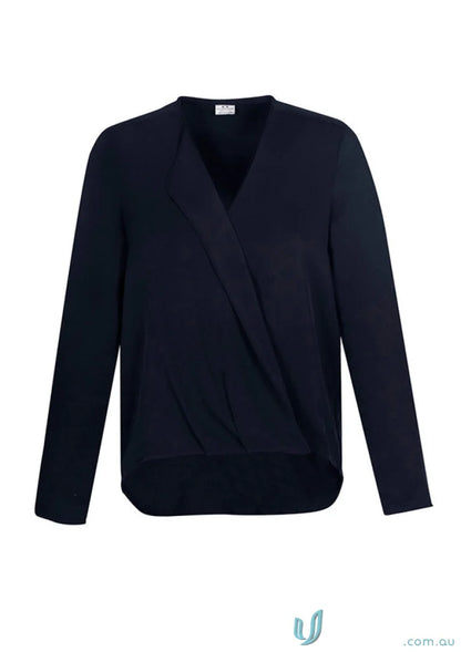 Navy blue long-sleeved wrap blouse from Lily Ladies Hi-Lo Blouse collection