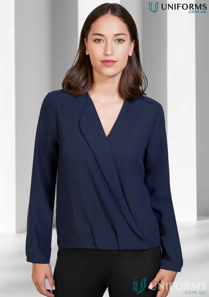 Navy long-sleeved wrap blouse from Lily Ladies Hi-Lo Blouse collection for women