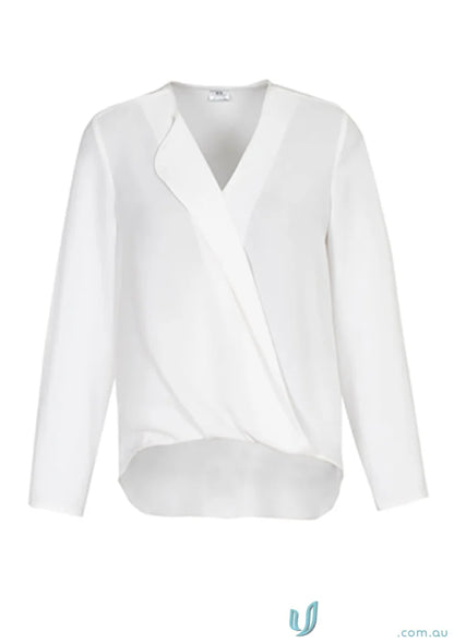 White long-sleeved Lily Ladies Hi-Lo Blouse for women’s Lily Hi-Lo style