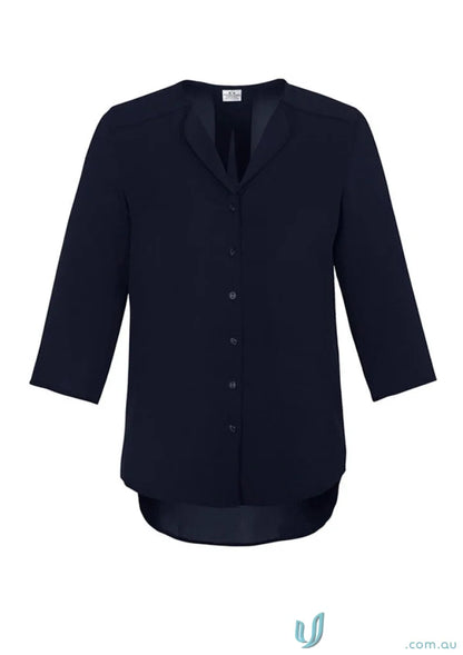 Navy button-down Lily Ladies Longline Blouse from Biz Collection, stylish longline blouse