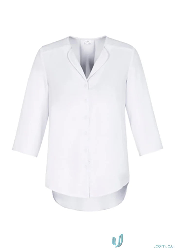 White three-quarter sleeve Lily Ladies Longline Blouse from Biz Collection