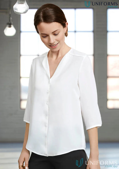 White three-quarter sleeve Lily Ladies Longline Blouse from Biz Collection