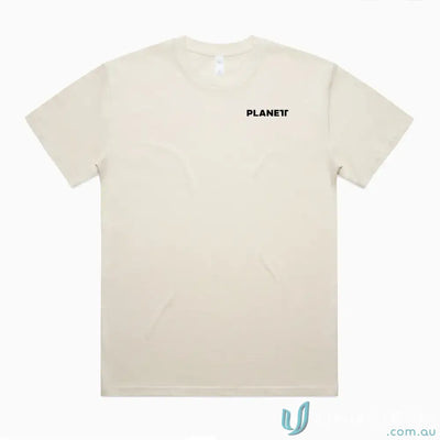 Beige men’s street tees Lob Oversize Tee with black text and wide neck ribbing