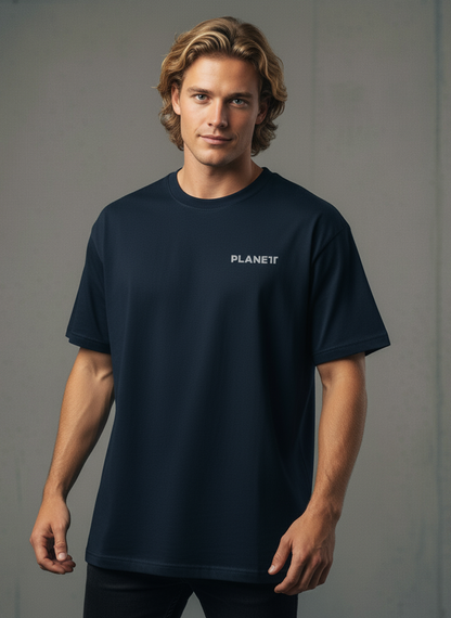 Men’s navy blue short-sleeve t-shirt with ’PLANET F’ text on the chest.