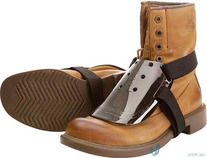 Brown work boots with metatarsal guard and locking boot straps for uniforms safety
