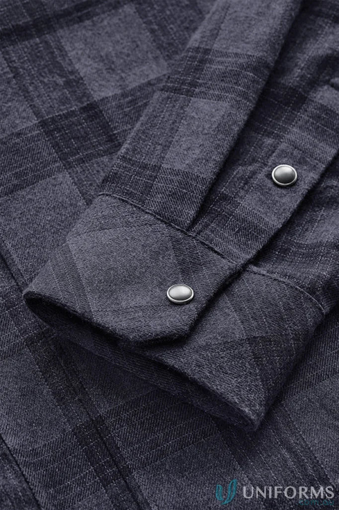 Dark grey plaid flannel shirt with snap closures and chest pockets Logan Snap Front Shirt