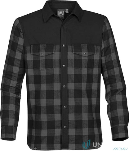 Black and gray plaid Logan Thermal Shirt with chest pockets and black yoke for a cool look