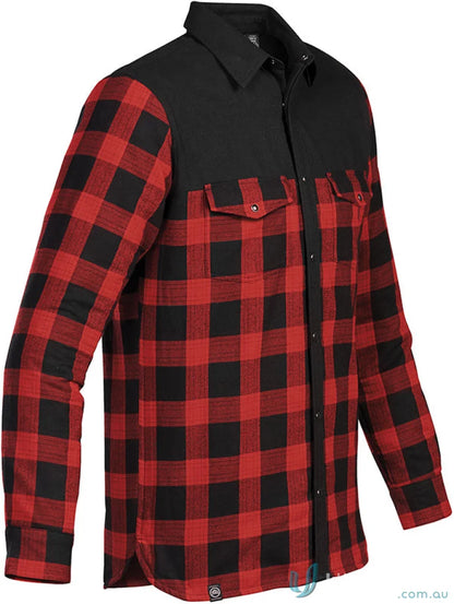 Men’s red and black buffalo plaid Logan Thermal Shirt with black shoulder yoke and chest pockets