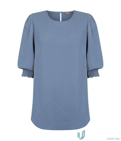 Blue Lola Shirred Cuff Top with puffed sleeves in premium luxe twill fabric