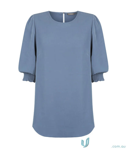 Blue Lola Shirred Cuff Top with puffed sleeves in premium luxe twill fabric