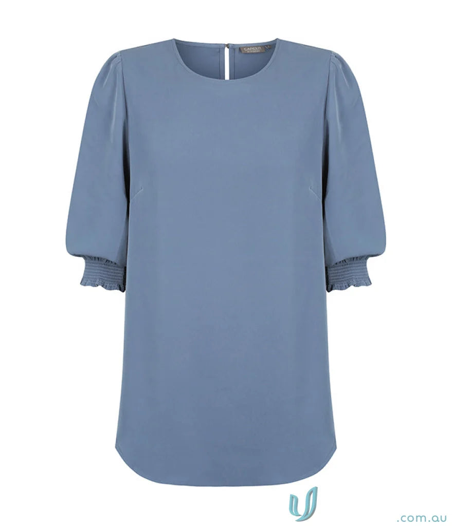 Blue Lola Shirred Cuff Top with puffed sleeves in premium luxe twill fabric
