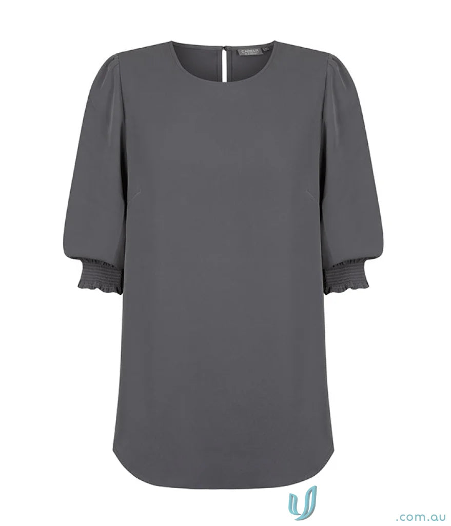 Gray Lola Shirred Cuff Top in luxe twill fabric with puffed sleeves for a stylish look