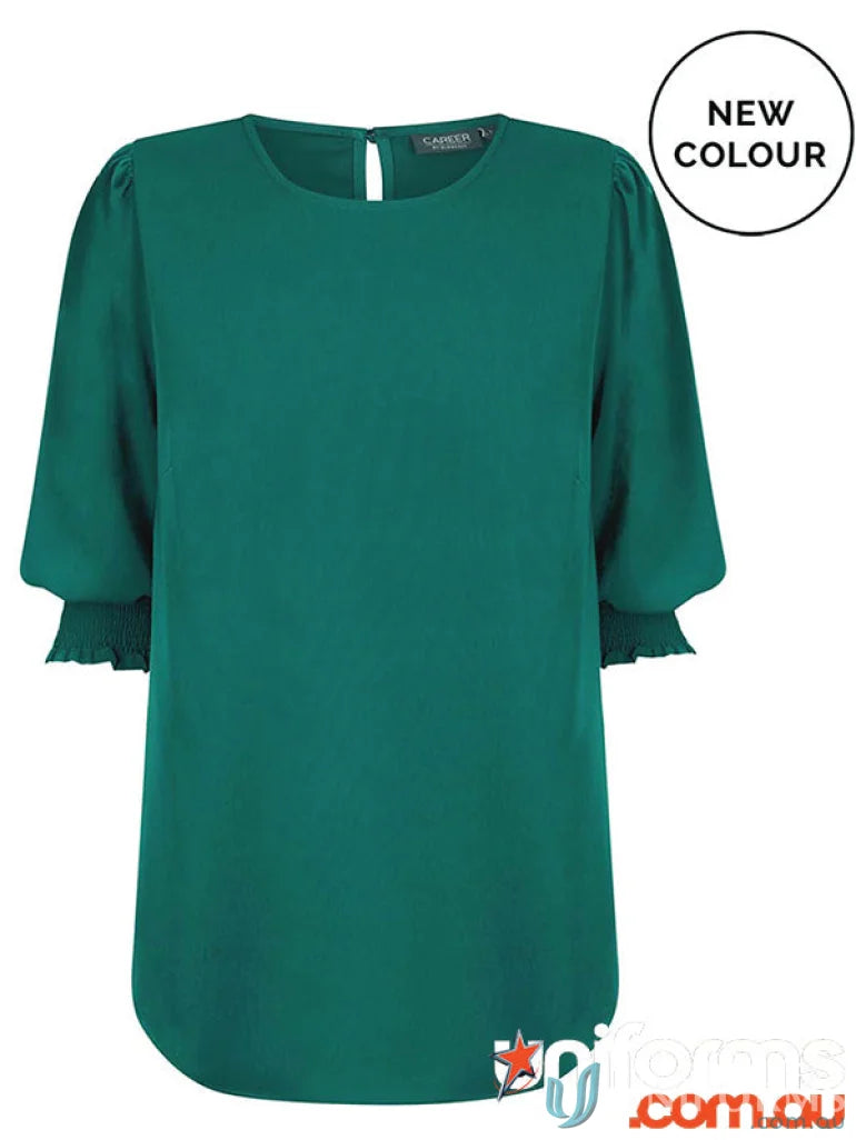 Emerald green Lola Shirred Cuff Top in premium luxe twill fabric with puffed sleeves