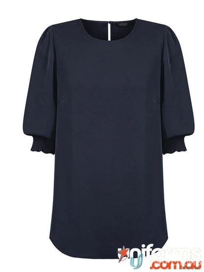 Navy blue Lola Shirred Cuff Top in premium luxe twill fabric with puffed sleeves