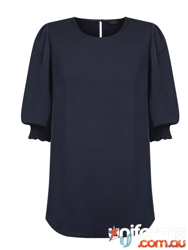 Navy blue Lola Shirred Cuff Top in premium luxe twill fabric with puffed sleeves