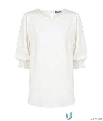 Lola Shirred Cuff Top in premium luxe twill with white fabric and chic three-quarter sleeves