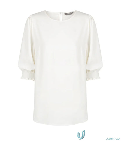 Lola Shirred Cuff Top in premium luxe twill with white fabric and chic three-quarter sleeves