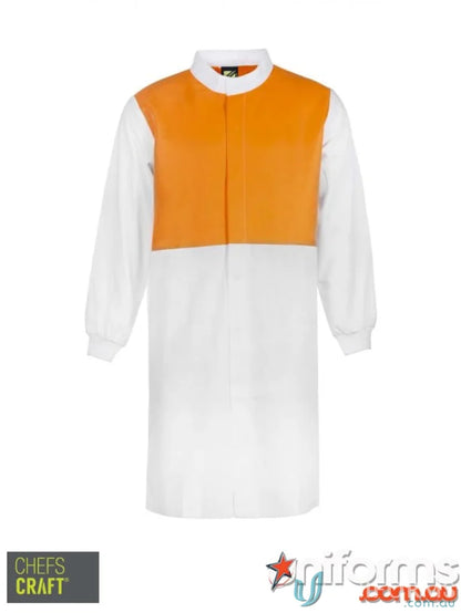 Orange and white long length chef’s coat with mandarin collar for professional uniforms