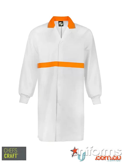White long length dustcoat with orange accents and seam pockets for food production workers