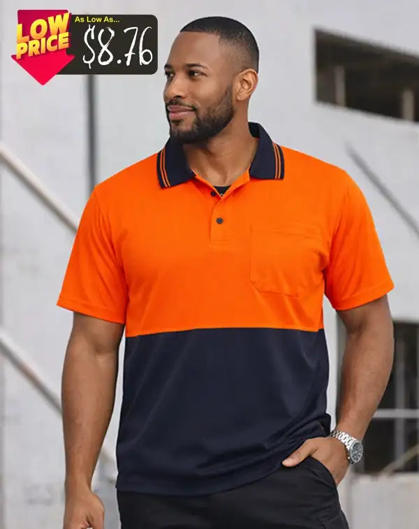 Man wearing an orange and navy polo shirt with a promotional banner in the corner.