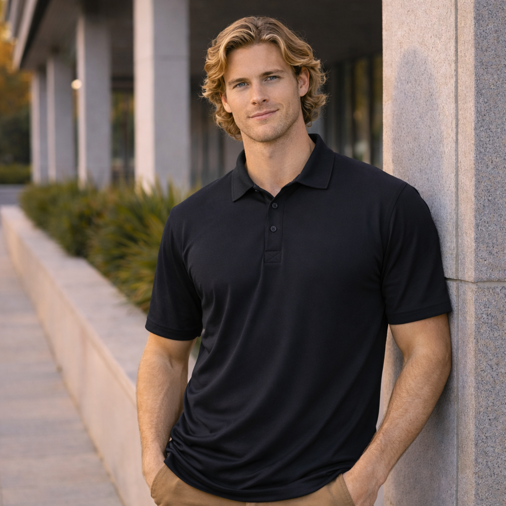 Black ps39 Longbeach Polo shirt back view, winning spirit cotton