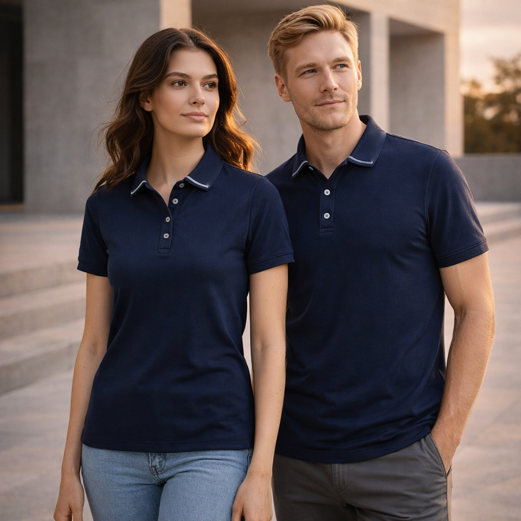 Lorne cotton polo in navy blue with white trim, biz collection aston jersey knit